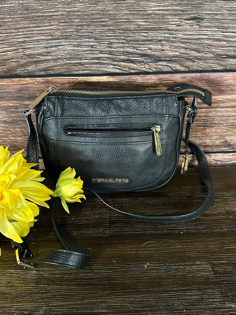 Michael Kors Black Pebbled Leather Crossbody with Gold Hardware
